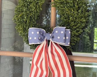 Patriotic 12" Linen Americana Stars Bow ONLY Stripe Tail Red Natural Blue