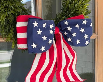 Patriotic Canvas Bow: Navy Stars, Red Stripes, 18" Tail – America's 250th Birthday Collection