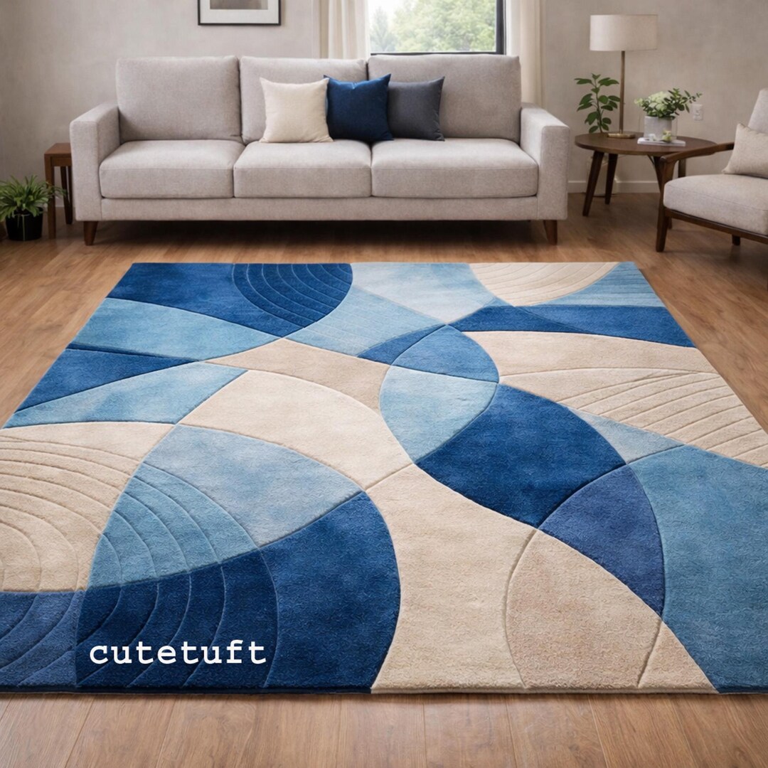 Blue Ivory Abstract Wool Rug, Modern Geometric Hand Tufted Carpet 8x10 ...