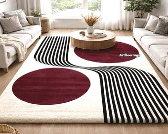 Handmade Modern Abstract wool Area Rug, Burgundy Circle Rug, Contemporary Geometric Carpet for home-decor