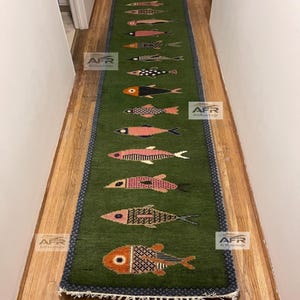 Koi Fish hallway Runner Rug: Green Colorful Handmade Wool Area Rug 3x5,2.6x16