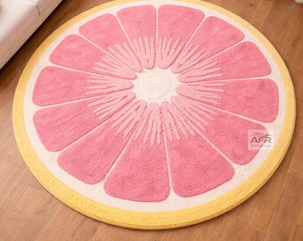Pink Fruit Rug-Round Citrus Slice Tufted Carpet, Vibrant Statement Rug for Playful Bedroom Decor