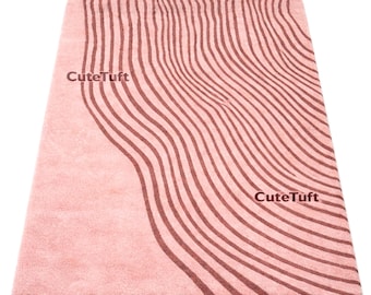 Hand Tufted Wool Rug, Modern Wavy Lines, Blush Pink Carpet, Scandinavian Plush Area Rug