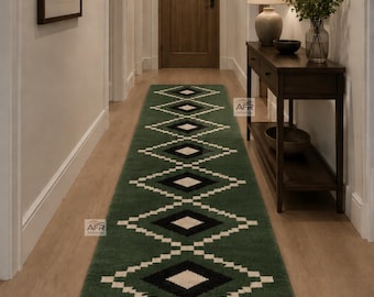 Emerald Green Hallway Runner Rug, Geometric Diamond Wool Runner, Modern Tufted Kitchen Runner Rug, Long Entryway Carpet, Boho Farmhouse Rugs