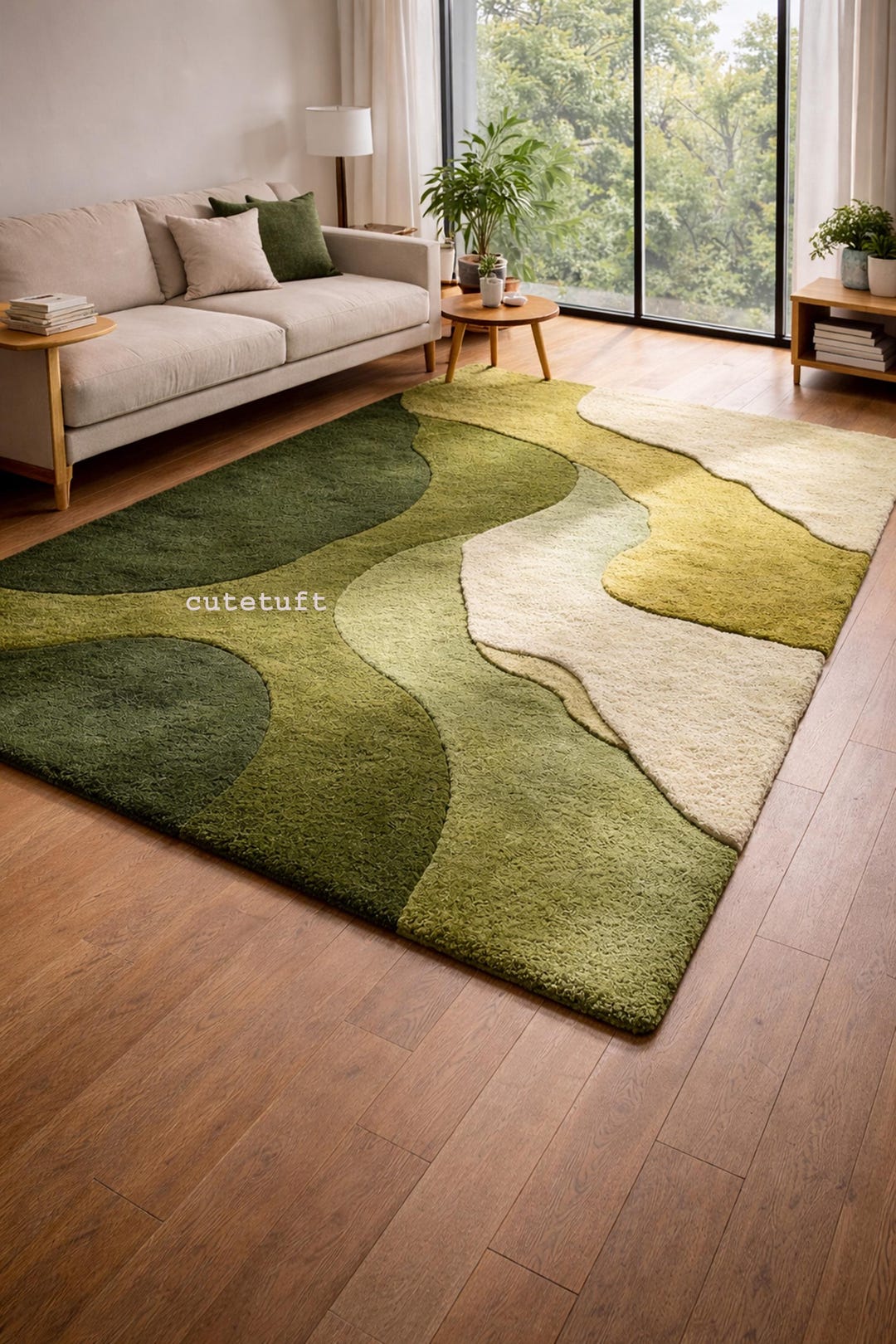 Modern Olive Green Wavy Area Rug | Hand Tufted Wool Carpet for Living ...