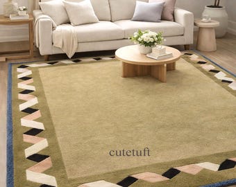 Hand-Tufted Wool Rug, Olive Green Geometric Border, Modern Artisan Carpet