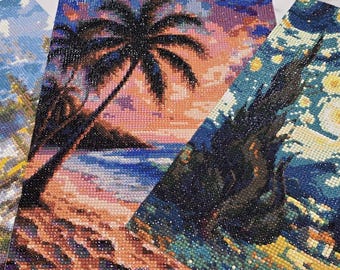 Completed Diamond Art Paintings: Forest Falls, Palm Beach Scene, Starry Night