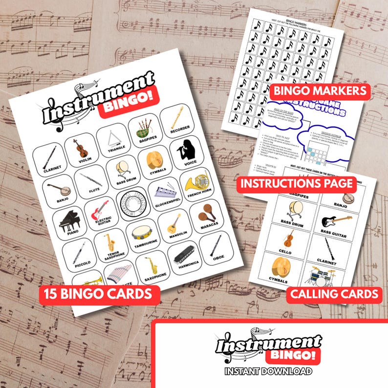 May include: A set of printable "Instrument Bingo" game cards. The main card features a grid of musical instruments, including a clarinet, violin, and piano. Additional cards include bingo markers, instructions, and calling cards. The game is designed for instant download.