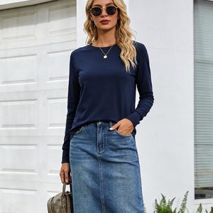 Blue Women Soft Spring Layering Shirt Long Sleeve Cotton T Shirt, Minimalist Crew Neck Basic Top, Casual Everyday Wear