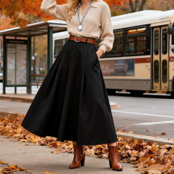 Minimalist Black A-Line Midi Skirt, Elegant Full Skirt For Women With Pockets, Chic Style Skirt For Daily Wear Or Office Spring Skirt