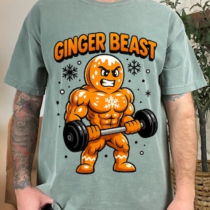 Funny Ginger Beast kersttraining shirt, gespierd Gingerbread Man sportschool Tee, vakantie fitness cadeau voor bodybuilders en sportschoolliefhebbers