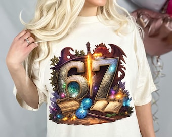 67 Meme Shirt grappige Fantasy DnD-stijl T-shirt Dragon Wizard Book Graphic Tee nerdy gamer cadeau voor hem haar RPG gamer shirt Magic Yarn Tee