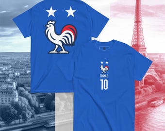 Camiseta de fútbol de Francia con el gallo / Camiseta de Les Bleus / Camiseta retro de Francia #10 / Camiseta unisex de dos estrellas