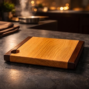 Puede incluir: Una tabla de cortar rectangular de madera, con un centro marrón claro y bordes marrón oscuro. Tiene un agujero circular en una esquina. La tabla está sobre una encimera oscura en una cocina.
