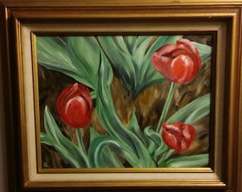 Red Tulips - One of a Kind Original Oil Painting Framed