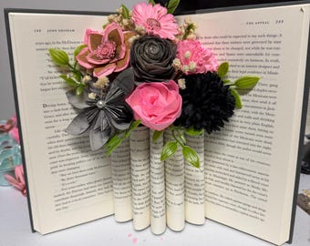 Pink and Black Floral Custom Book Vase with Sola & Paper Flowers | Handmade Literary Decor