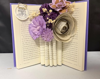 Purple Floral Book Vase with Sola & Paper Flowers | Handmade Literary Decor