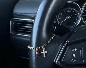 Birthstone & Cross Charm for Steering Wheel, Shifter