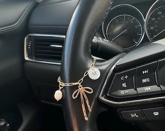 Bow with initial, pearl, & cherry charm for steering wheel , shifter