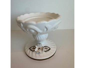 Vintage Trimont Ware Japan White Ceramic Pedestal Bowl Scalloped Floral Compote