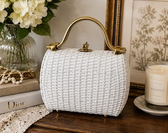 Vintage White Wicker Handbag Gold Tone Metal Top Handle Made in Hong Kong