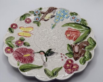 Takahashi Hand Painted Spring Summer Plate Hummingbird Bunny Flower VTG