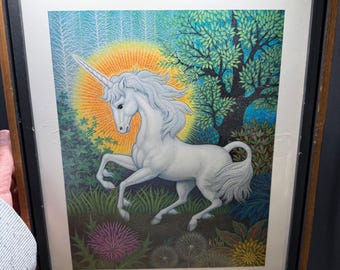 Vintage K. Chin Unicorn Fantasy Art Print Framed 11x14 Carmel By The Sea 1970s