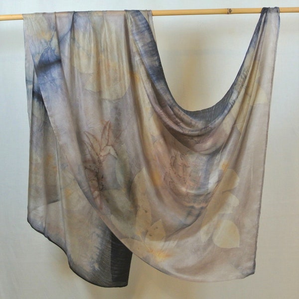 Monochrome eco dye silk scarf, Oversize grey silk scarf evening wrap, Eco print silk scarf , Gray blue silk scarf,