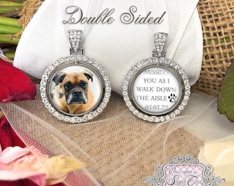 Pet Memorial Photo Bouquet Charm-Missing You As I Walk Down the Aisle-Bridal Photo Charm-Double Sided-Custom Photo-Attach to Bouquet-Dog-Cat