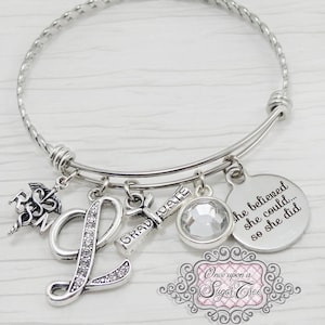 May include: Silver-toned charm bracelet with multiple dangles. Charms include an "L" encrusted with rhinestones, a graduation scroll, a clear crystal, and a round charm with the inscription "she believed she could... so she did."