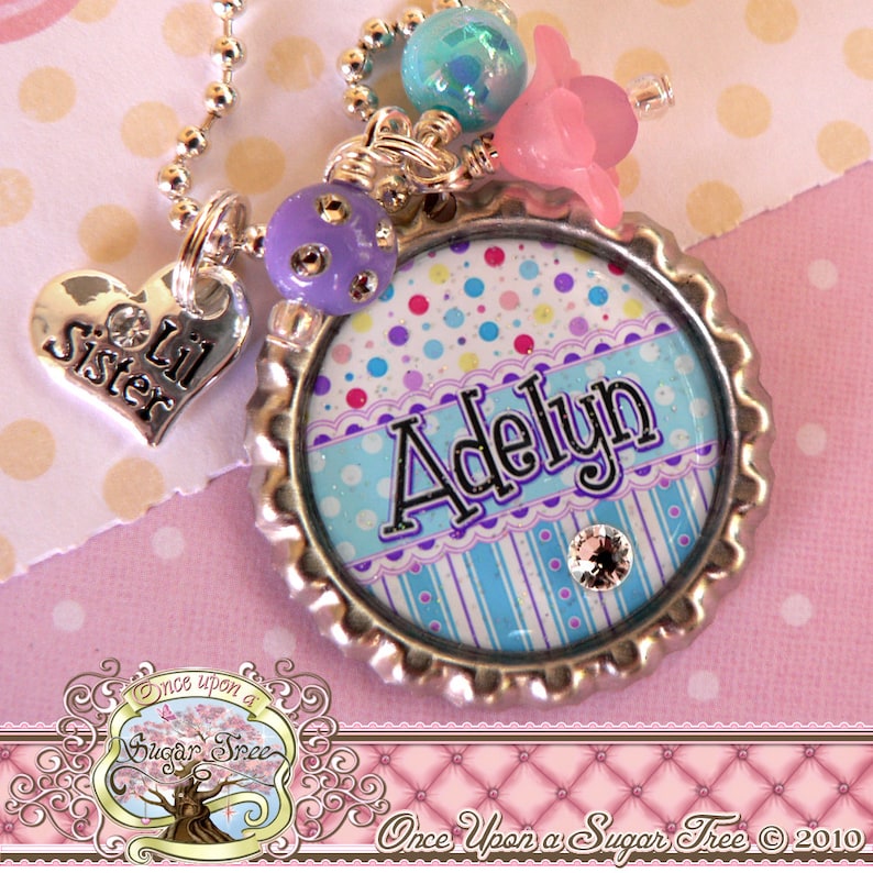 Stripes Aqua Personalized Bottle Cap Necklace Birthday Big SISTER Necklace or LITTLE Sister New Sister Gift Polka Dot Heart Charm