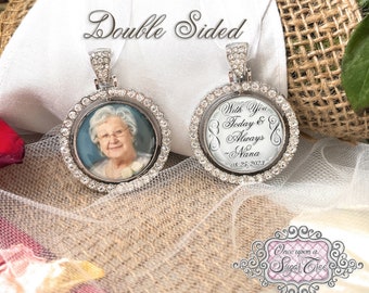 May include: Double-sided silver charm with rhinestones. One side features a photo of a woman, the other side has the text "With you today & always - Nana 08.25.2023".