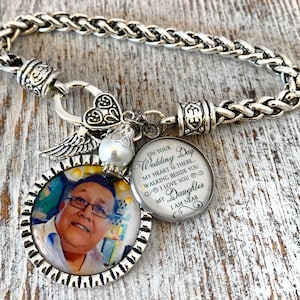 Memorial Wedding Bracelet, Photo Loss Bracelet, Loss of Dad for Daughter Bride-Angel Wing Jewelry, Bereavement Gift-Remembrance Gifts