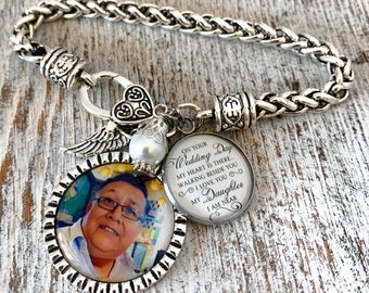 Memorial Wedding Bracelet, Photo Loss Bracelet, Loss of Dad for Daughter Bride-Angel Wing Jewelry, Bereavement Gift-Remembrance Gifts