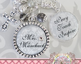 Religious Teacher Gifts, Custom Name Teacher Necklace or Keychain, Teacher at Christian School, Sunday School Teacher Gift, Christmas, Cross