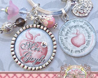 Teacher Gift Personalized Key chain (or Necklace), Personalized Quote Thank You Gift, Teacher Appreciation, Rhinestone Apple Charm, Damask