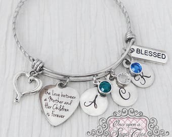 Gifts For Mom, Birthstone Bangle Bracelet- From Daughter- From Son,Personalized -The love between a mother and her Children is Forever,
