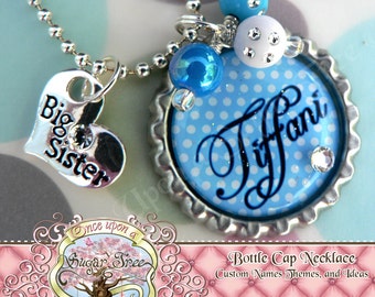 Personalized Name Blue Polka Dot BIG SISTER Bottle Cap Necklace, Big Sister Charm, Birthday, Gift, New Sister, Charm Necklace, Shower Gift