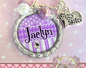 Big SISTER Necklace, Personalized Name Bottle Cap Necklace, Big Sister Charm, Birthday, Gift, New Sister, Charm Necklace, Little Sister