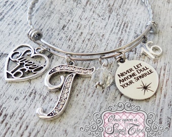 SWEET 16 GIFT, 16th Birthday Gift, Never let anyone dull your sparkle -Bangle Bracelet, Personalized 16th Birthday Gift Girl, 16 year old