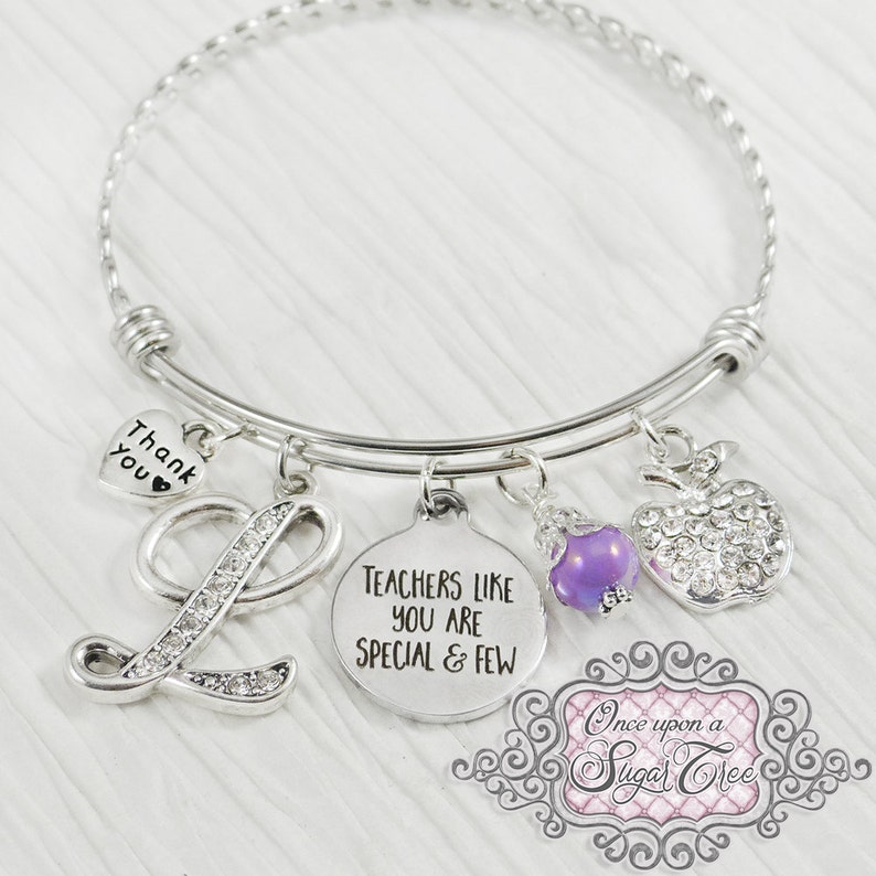 Teacher Bracelet, Bangle Bracelet Teacher Appreciation Gift-Thank you Gift, Apple charm, Inspire,Charm Bracelet, Personalized Teacher Gift image 1