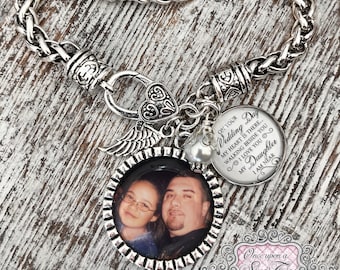Memorial Wedding Bracelet, Photo Loss Bracelet, Loss of Dad for Daughter Bride-Angel Wing Jewelry, Bereavement Gift-Remembrance Gifts