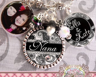 Nana Necklace with Personalized Grandchildren Names and Photo-Black White Paisley-Photograph-Mother's Day Gift-Grandma Christmas Gift-Mom