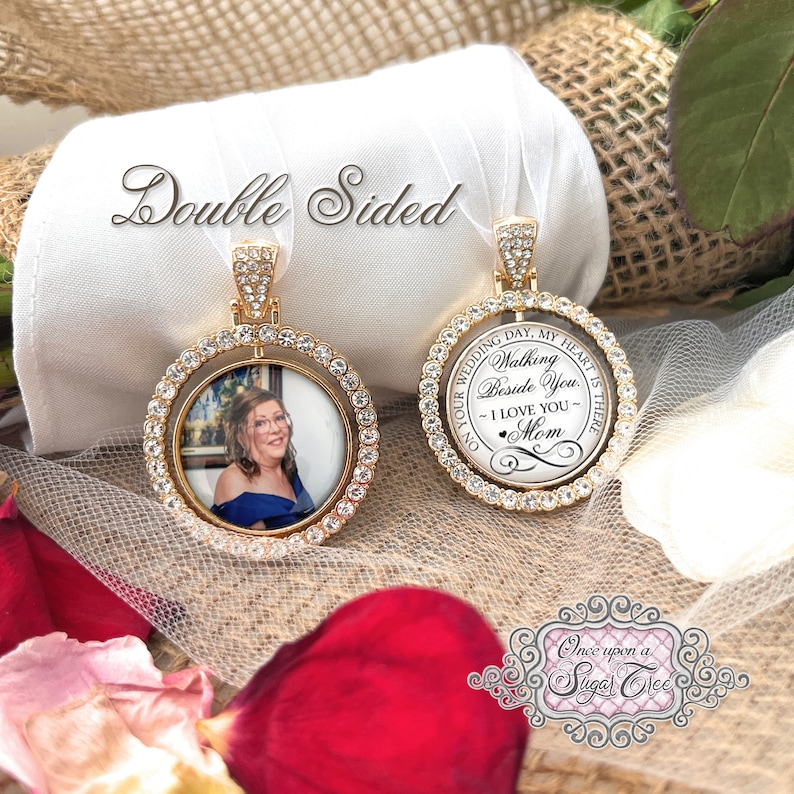 Bridal Bouquet Charm-Wedding Memorial Photo Charm-Double Sided-Loss of Grandma-Mom Wedding Remembrance Gift-Attach to Bridal Bouquet-Bridal image 1
