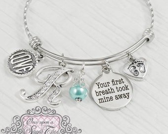 Nueva mamá regalo- joyería-Su primer aliento tomó la mía de distancia-personalized brazalete-push presente para la mamá, encanto de la huella del bebé, pulsera del encanto