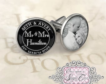 Custom Wedding Cufflinks-Mr. and Mrs. Groom Gift from Bride-Photo Wedding Cuff Links-Gift to Groom from Bride-Personalized Name-Wedding Date