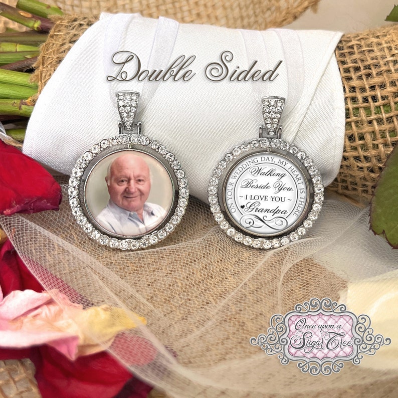 Grandpa Wedding Remembrance gift for Bride-Photo Bouquet Charm-Wedding Memorial Picture Charm-Double Sided-Loss of Loved One-Bridal Memory imagem 1