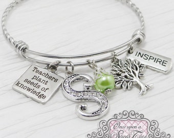 Teacher Jewelry, Bangle Bracelet- Teacher Appreciation Gift-Teachers Plant Seeds of Knowledge, Tree charm, Inspire,Charm Bracelet, charm