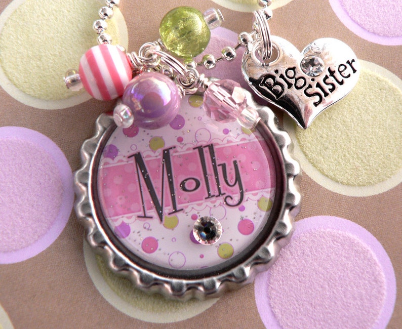 Big SISTER Necklace, Personalized Name Bottle Cap Necklace, Big Sister Charm, Birthday, Gift, New Sister, Flower Girl, Pregnancy Reveal image 3