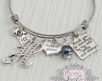 Maid of Honor Gift - Personalized Wedding Bracelet,Initial Bridesmaid Jewelry-Expandable Bangle -Gift from Bride,Bridesmaids Gifts -Keepsake